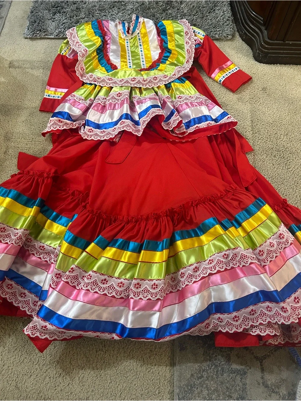 Girls' Red Traditional Jalisco Dress with Multicolor Trim